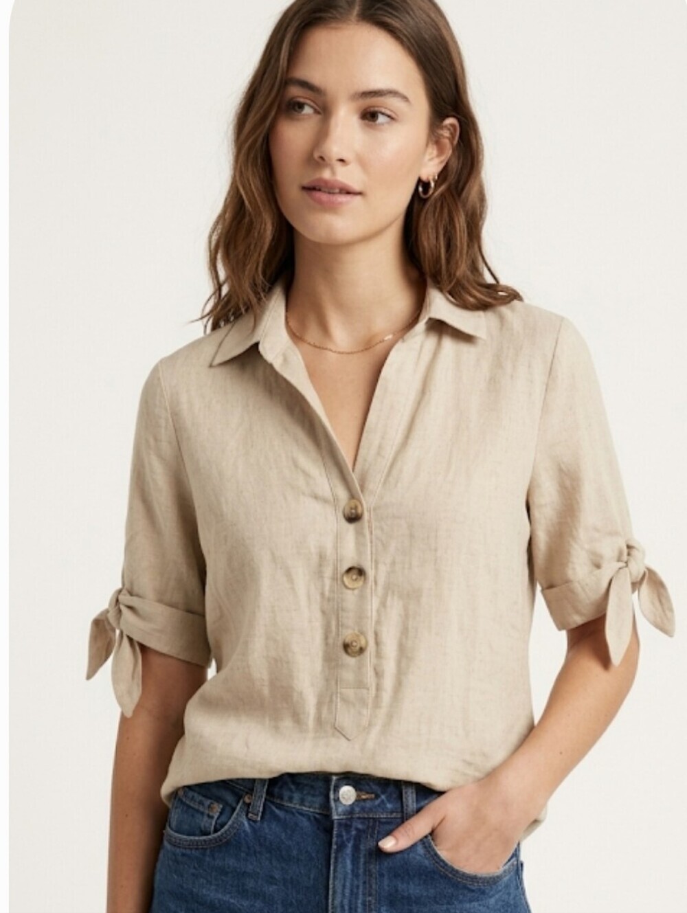 Philosophy Linen Blend Top S Beige Half Button Tie Cuff Short Sleeve Tunic